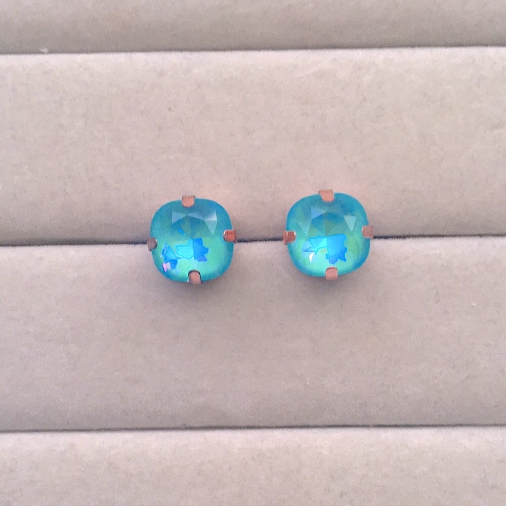 Aquamarine Aurora Borealis + Rose Gold Cushion Cut Crystal Earrings - Picture 4 of 5